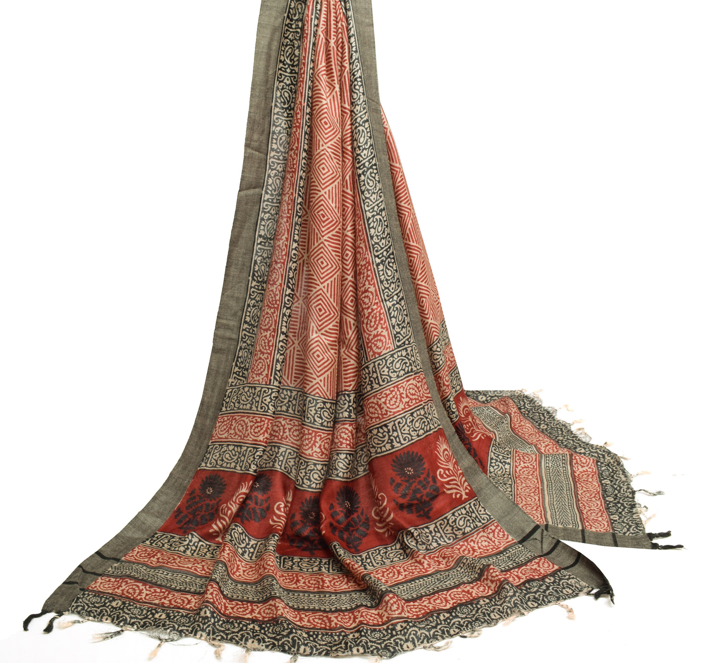 Sushila Vintage Cream Dupatta 100% Pure Woolen Hand Block Printed Long Stole