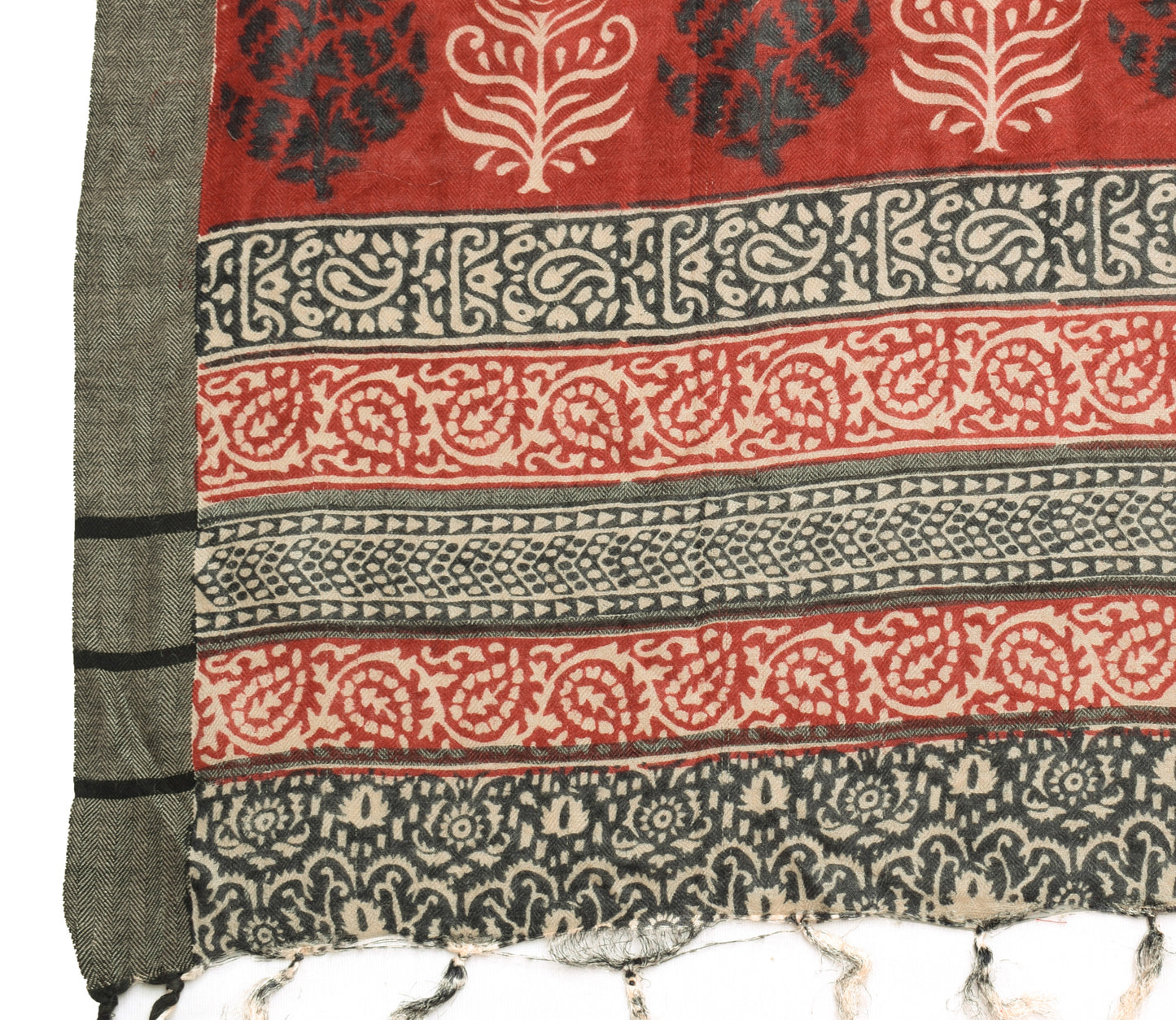 Sushila Vintage Cream Dupatta 100% Pure Woolen Hand Block Printed Long Stole