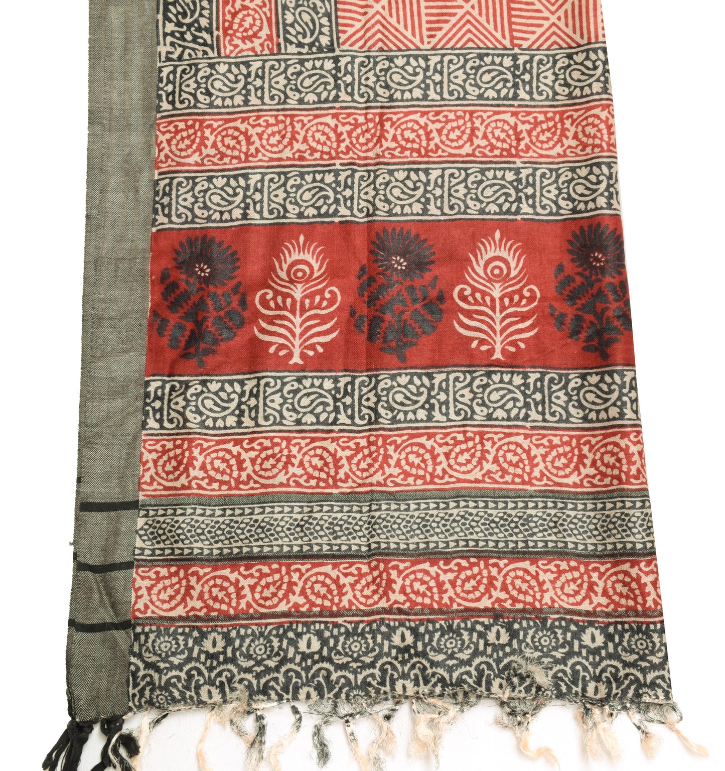 Sushila Vintage Cream Dupatta 100% Pure Woolen Hand Block Printed Long Stole