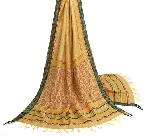 Sushila Vintage Light Yellow Dupatta 100% Pure Woolen Woven Laheriya Long Stole