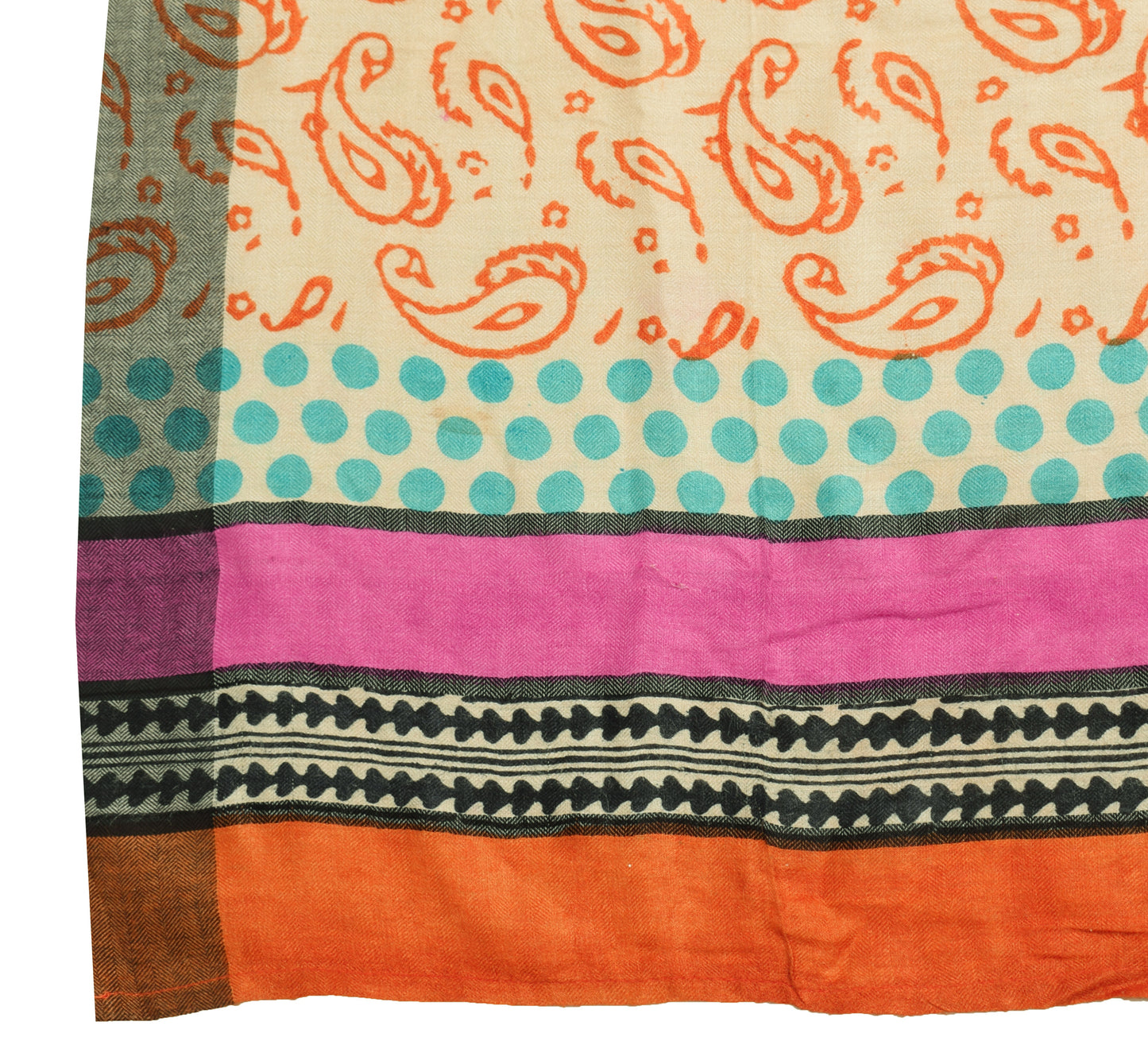 Sushila Vintage Cream Dupatta 100%Pure Woolen Hand Block Printed Long Stole Wrap