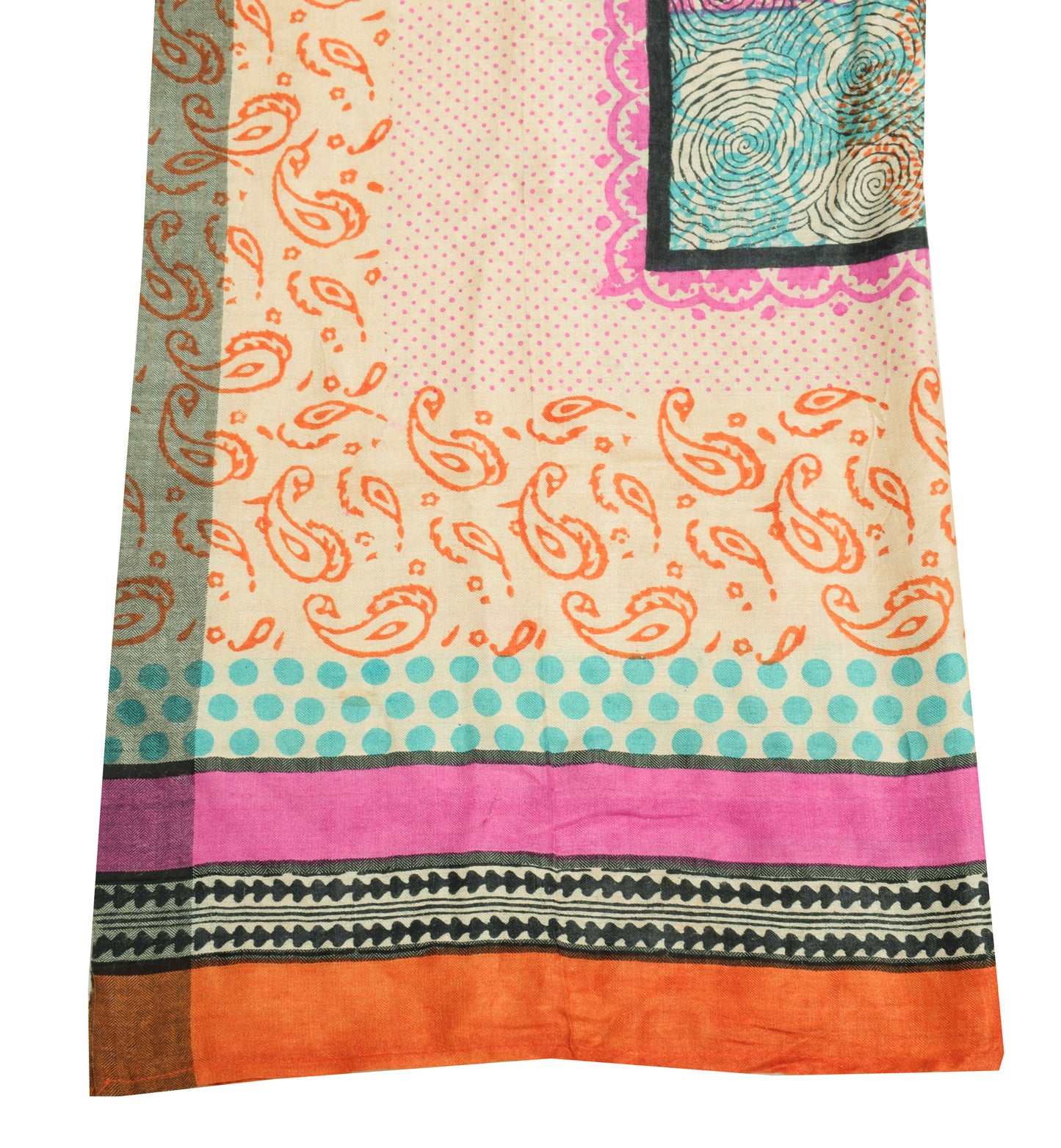 Sushila Vintage Cream Dupatta 100%Pure Woolen Hand Block Printed Long Stole Wrap