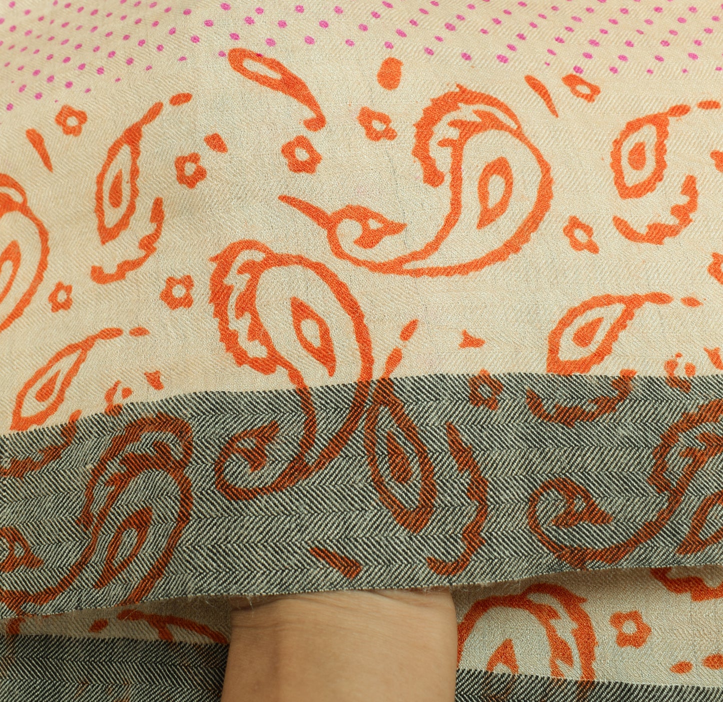 Sushila Vintage Cream Dupatta 100%Pure Woolen Hand Block Printed Long Stole Wrap