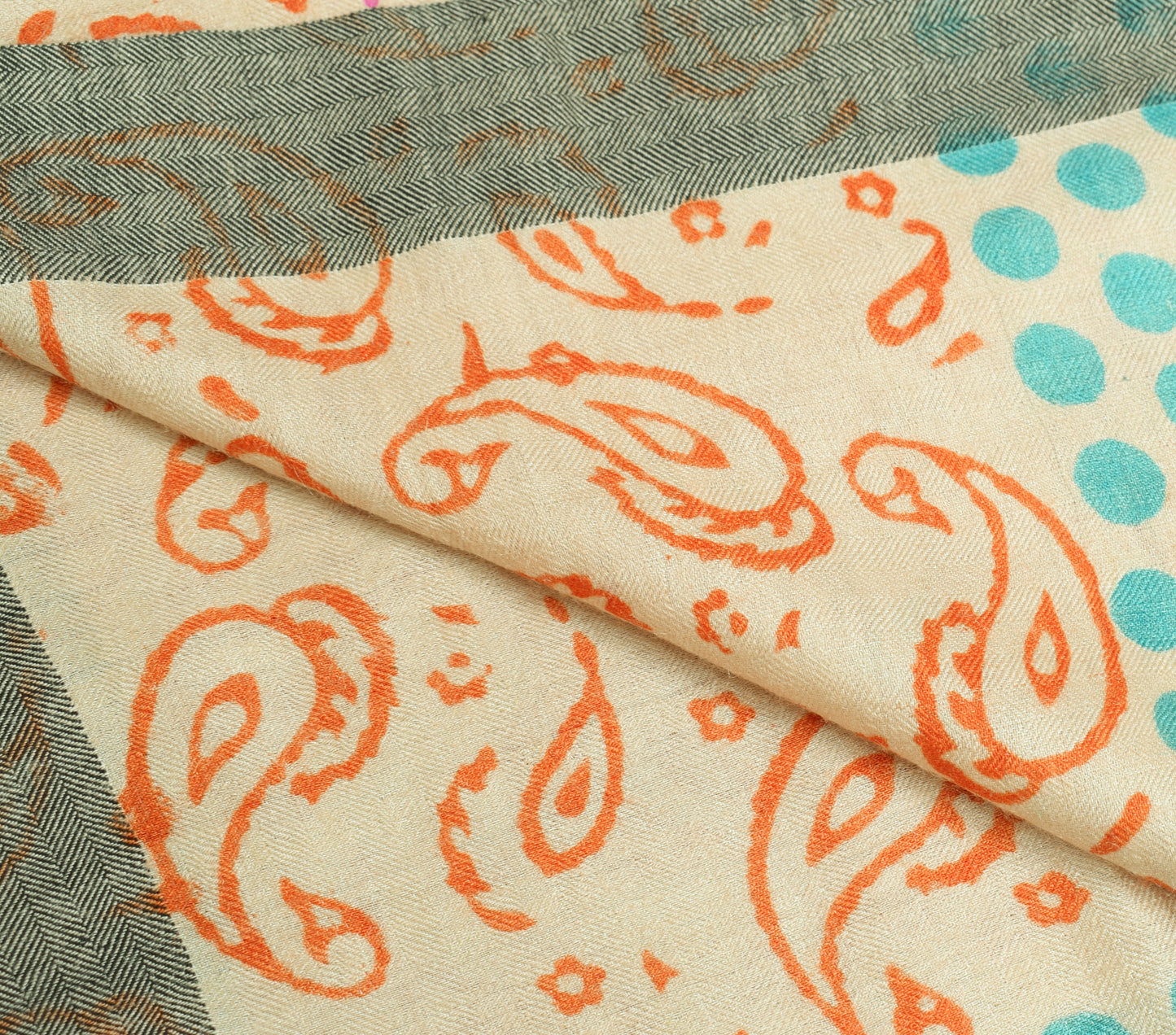 Sushila Vintage Cream Dupatta 100%Pure Woolen Hand Block Printed Long Stole Wrap