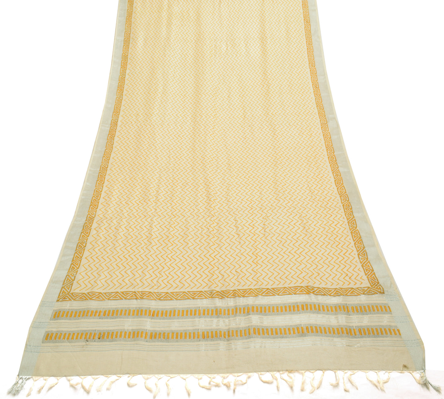 Sushila Vintage Cream Dupatta 100% Pure Silk Woven Zig-Zag Long Stole Hijab Wrap