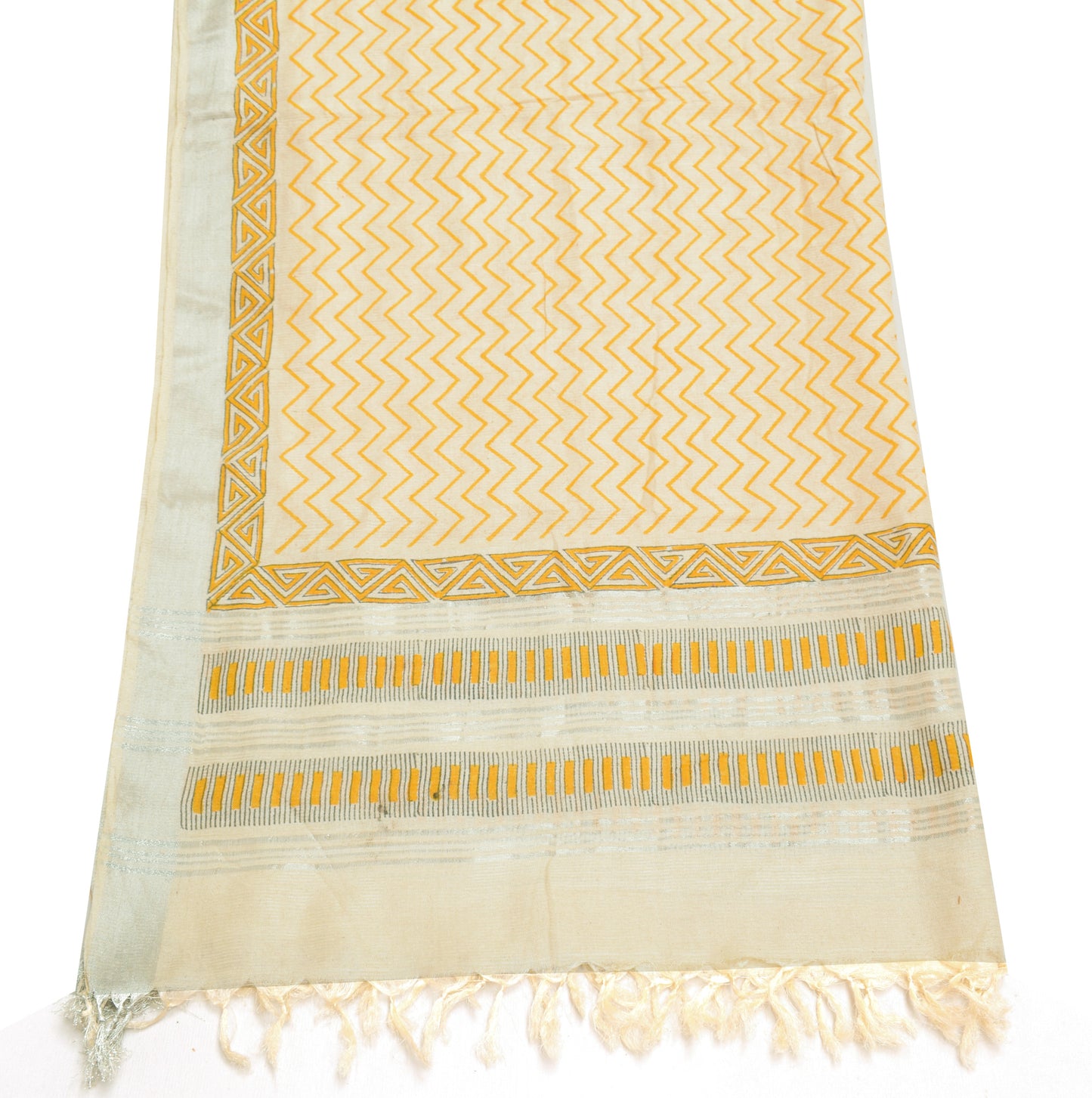Sushila Vintage Cream Dupatta 100% Pure Silk Woven Zig-Zag Long Stole Hijab Wrap