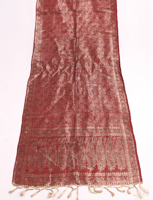 Sushila Vintage Maroon Banarasi Dupatta 100% Pure Satin Silk Woven Long Stole