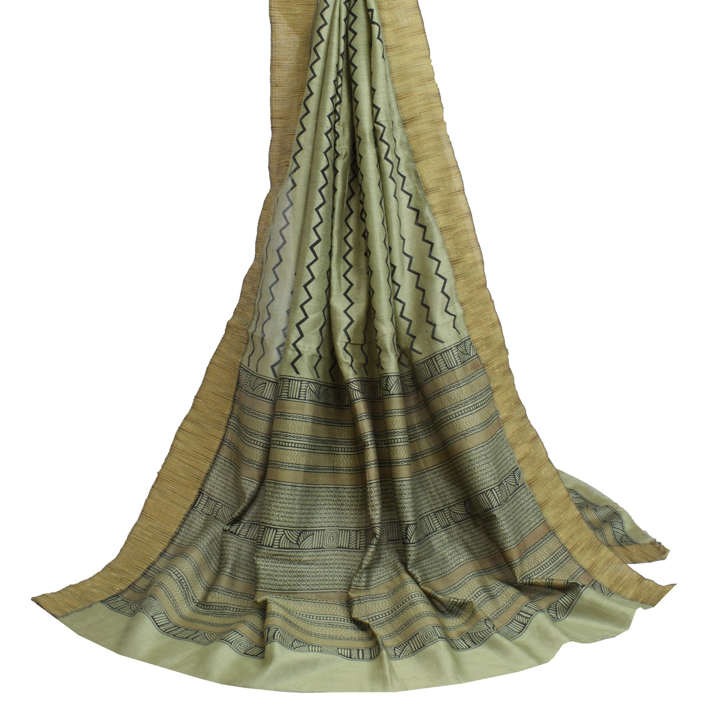 Sushila Vintage Greenish Gray Dupatta 100%Pure Cotton Printed Zig-Zag Long Stole