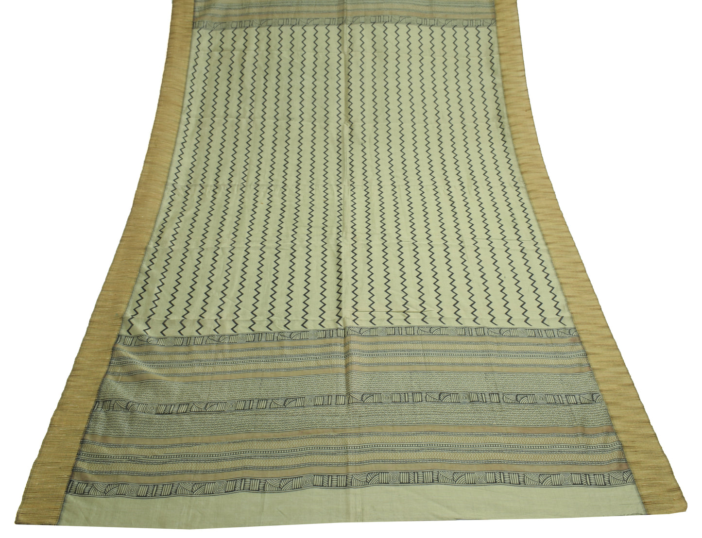 Sushila Vintage Greenish Gray Dupatta 100%Pure Cotton Printed Zig-Zag Long Stole