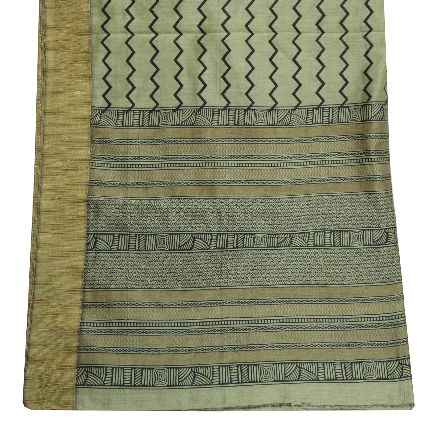 Sushila Vintage Greenish Gray Dupatta 100%Pure Cotton Printed Zig-Zag Long Stole