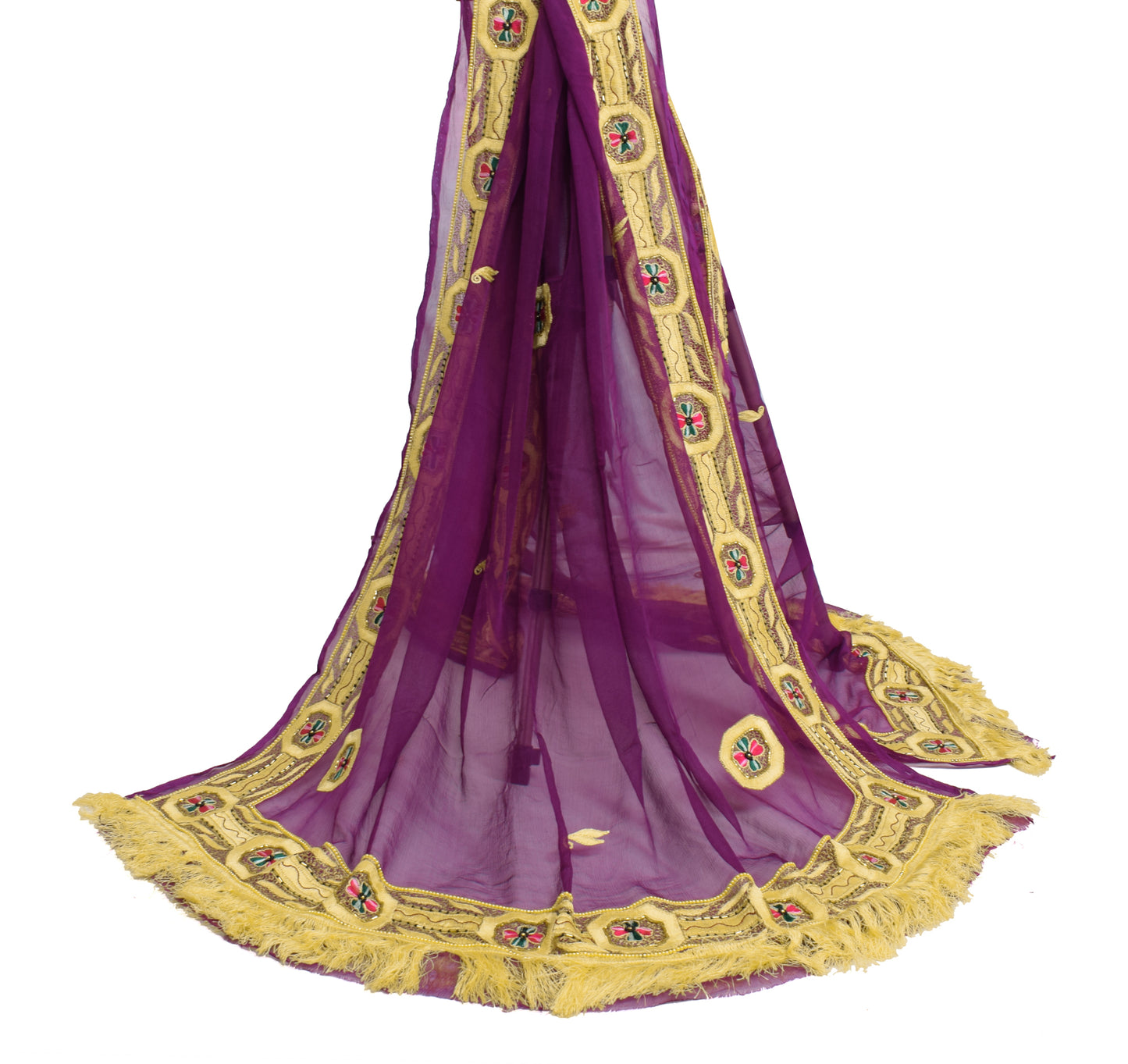Sushila Vintage Purple Dupatta 100%Pure Chiffon Silk Embroidered Long Stole Veil