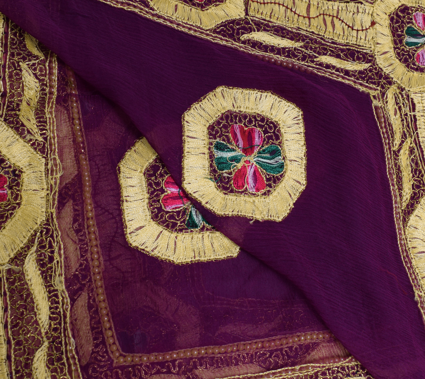 Sushila Vintage Purple Dupatta 100%Pure Chiffon Silk Embroidered Long Stole Veil