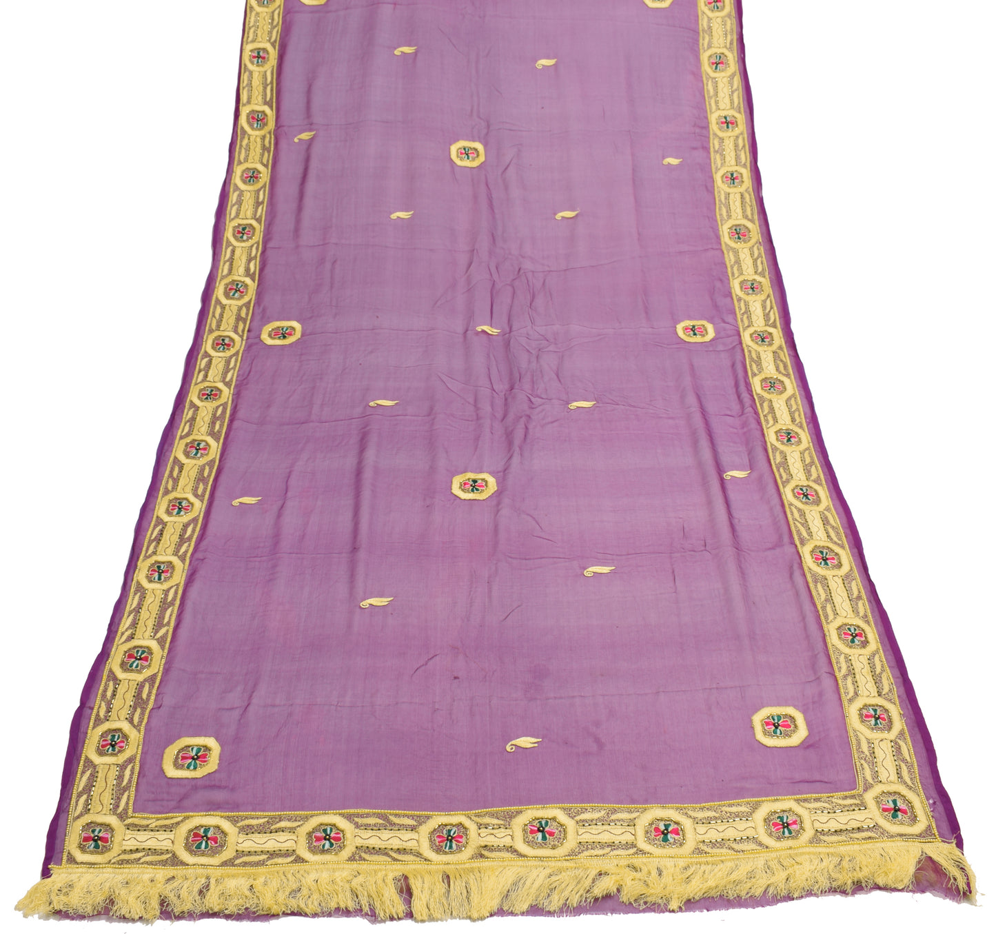 Sushila Vintage Purple Dupatta 100%Pure Chiffon Silk Embroidered Long Stole Veil