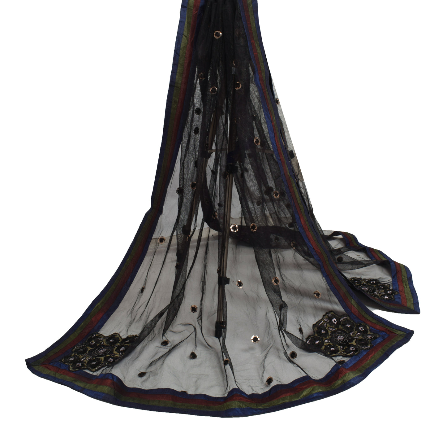 Sushila Vintage Black Dupatta Net Mesh Hand Beaded Floral Long Stole Scarves