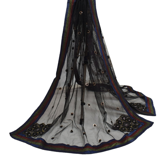 Sushila Vintage Black Dupatta Net Mesh Hand Beaded Floral Long Stole Scarves