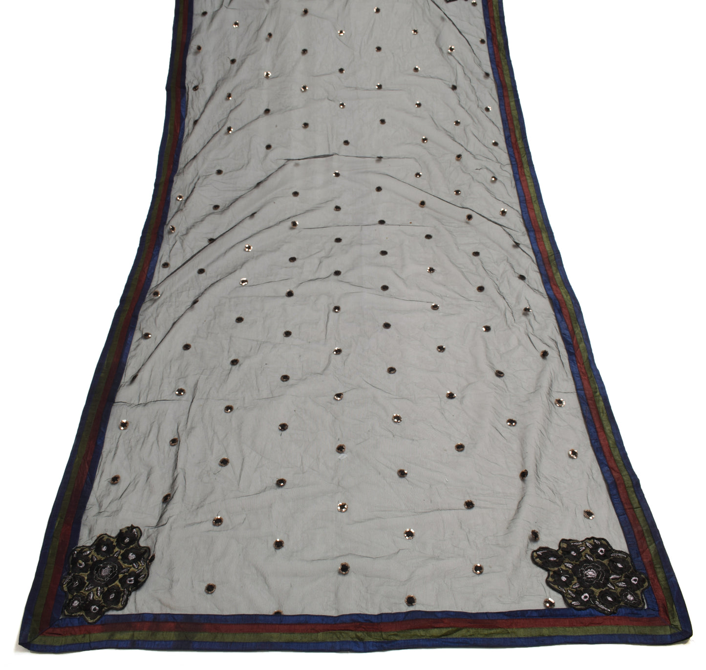 Sushila Vintage Black Dupatta Net Mesh Hand Beaded Floral Long Stole Scarves