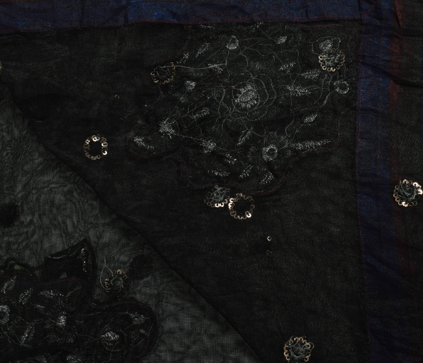 Sushila Vintage Black Dupatta Net Mesh Hand Beaded Floral Long Stole Scarves