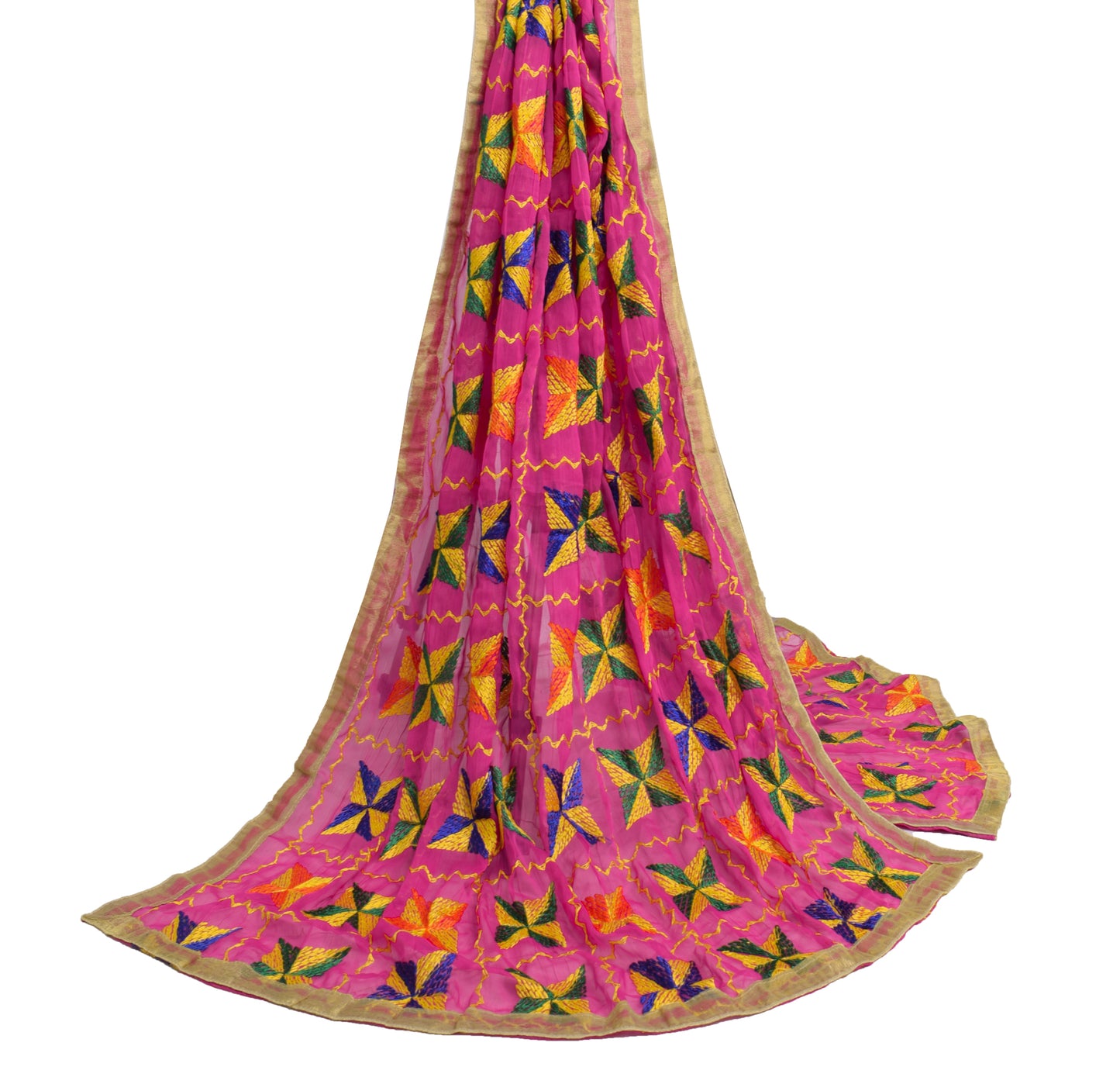 Sushila Vintage Magenta Dupatta Chiffon Silk Phulkari Embroidered Long Stole