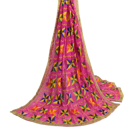 Sushila Vintage Magenta Dupatta Chiffon Silk Phulkari Embroidered Long Stole