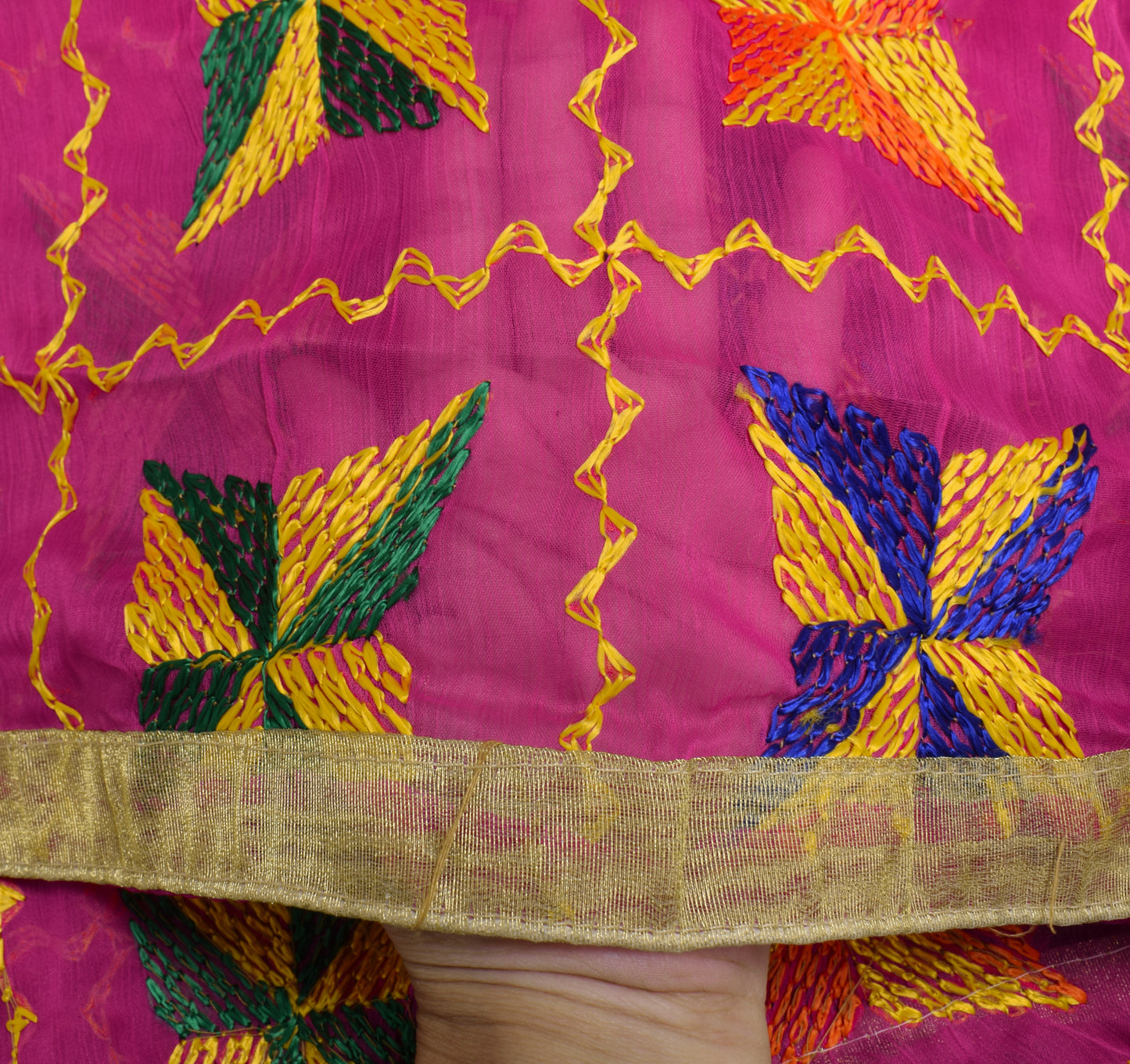 Sushila Vintage Magenta Dupatta Chiffon Silk Phulkari Embroidered Long Stole