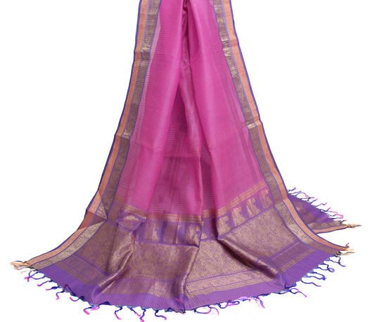 Sushila Vintage Pink Indian Dupatta 100% Pure Silk Checks Woven Long Stole Veil
