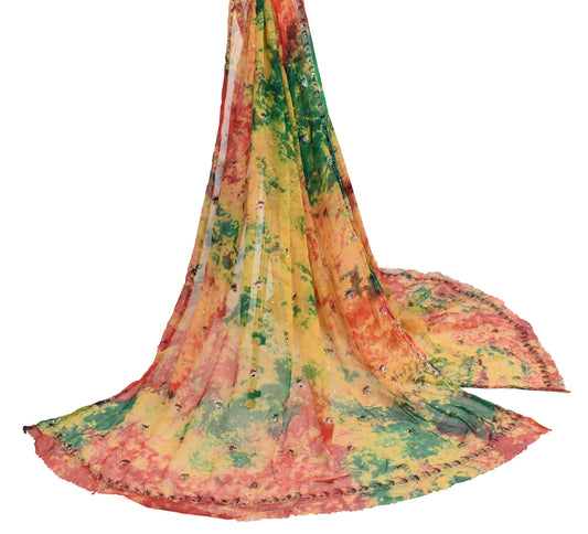 Sushila Vintage Multi-Color Tie-Dye Dupatta 100% Pure Chiffon Silk Long Stole