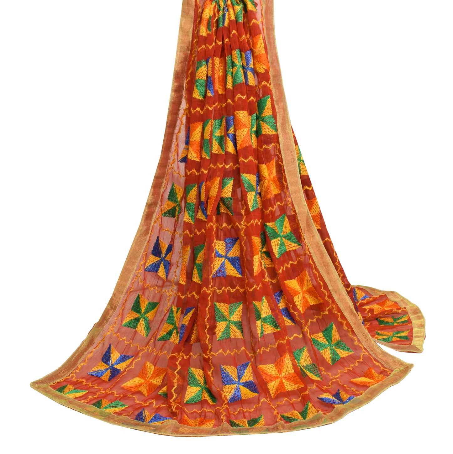 Sushila Vintage Red Dupatta Chiffon Silk Phulkari Embroidered Floral Long Stole