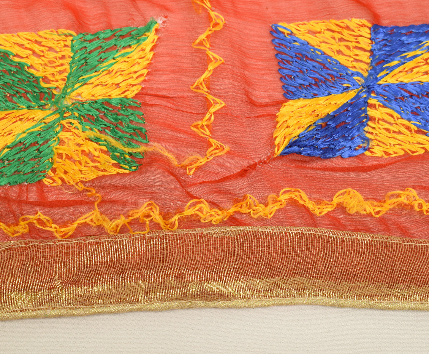 Sushila Vintage Red Dupatta Chiffon Silk Phulkari Embroidered Floral Long Stole