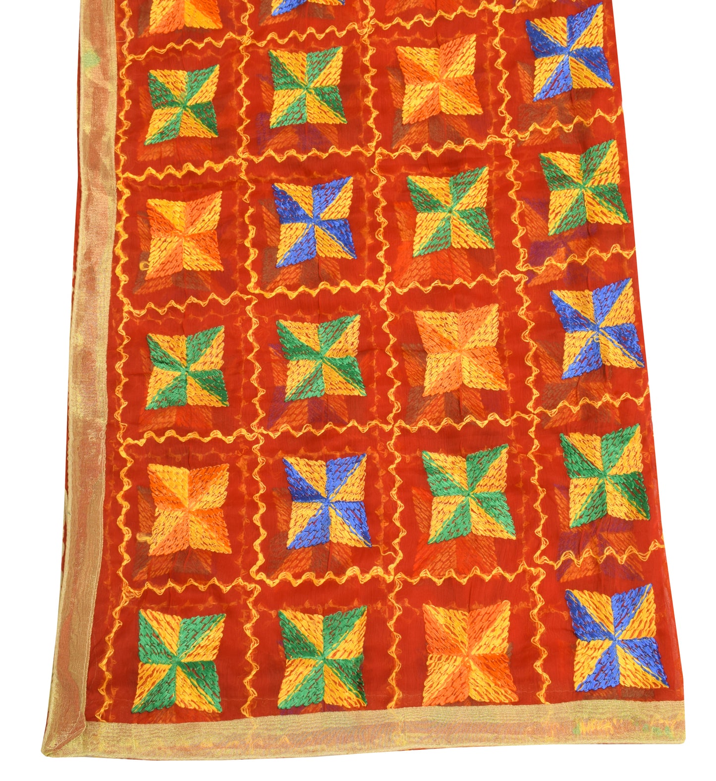 Sushila Vintage Red Dupatta Chiffon Silk Phulkari Embroidered Floral Long Stole