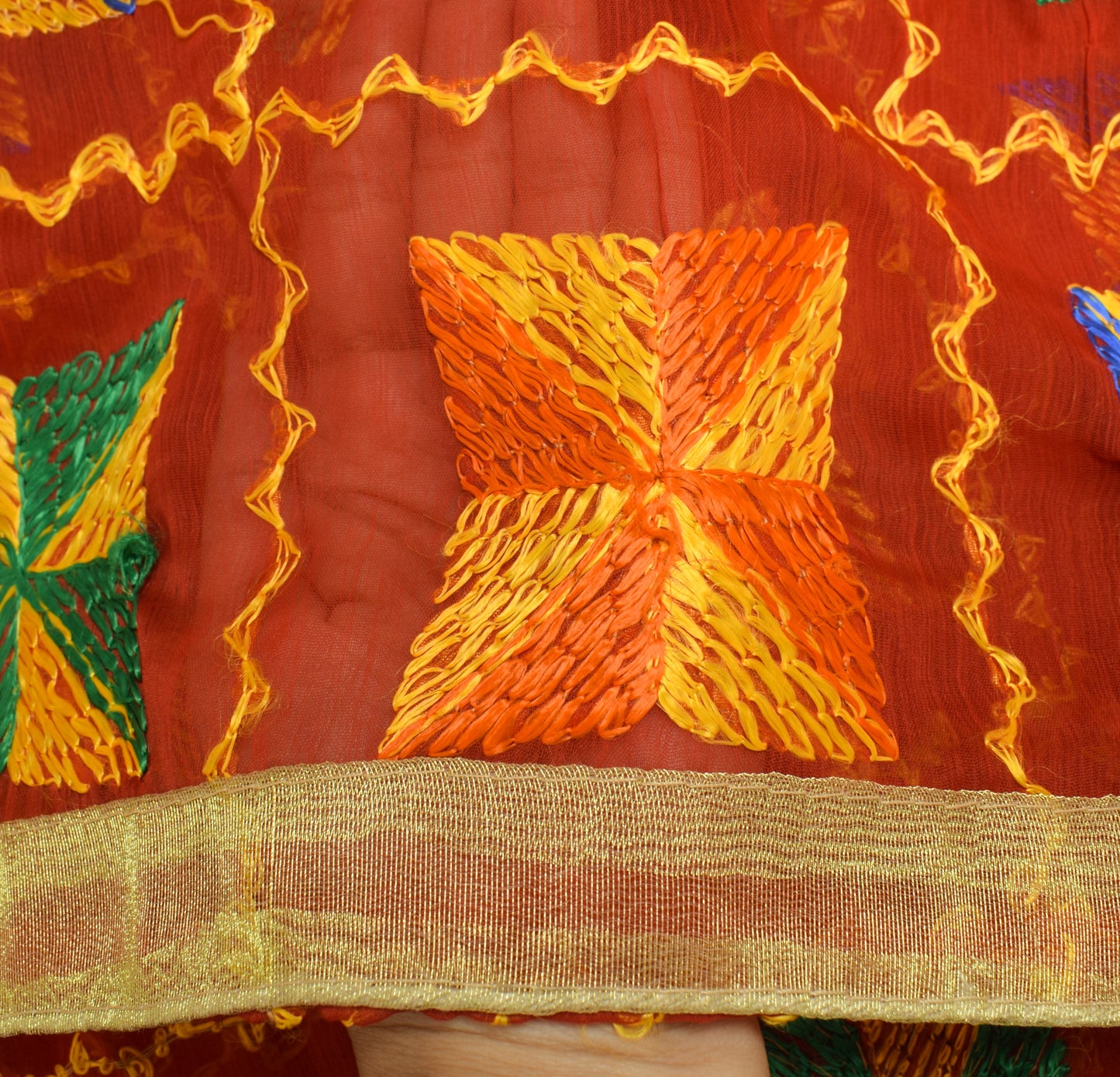 Sushila Vintage Red Dupatta Chiffon Silk Phulkari Embroidered Floral Long Stole