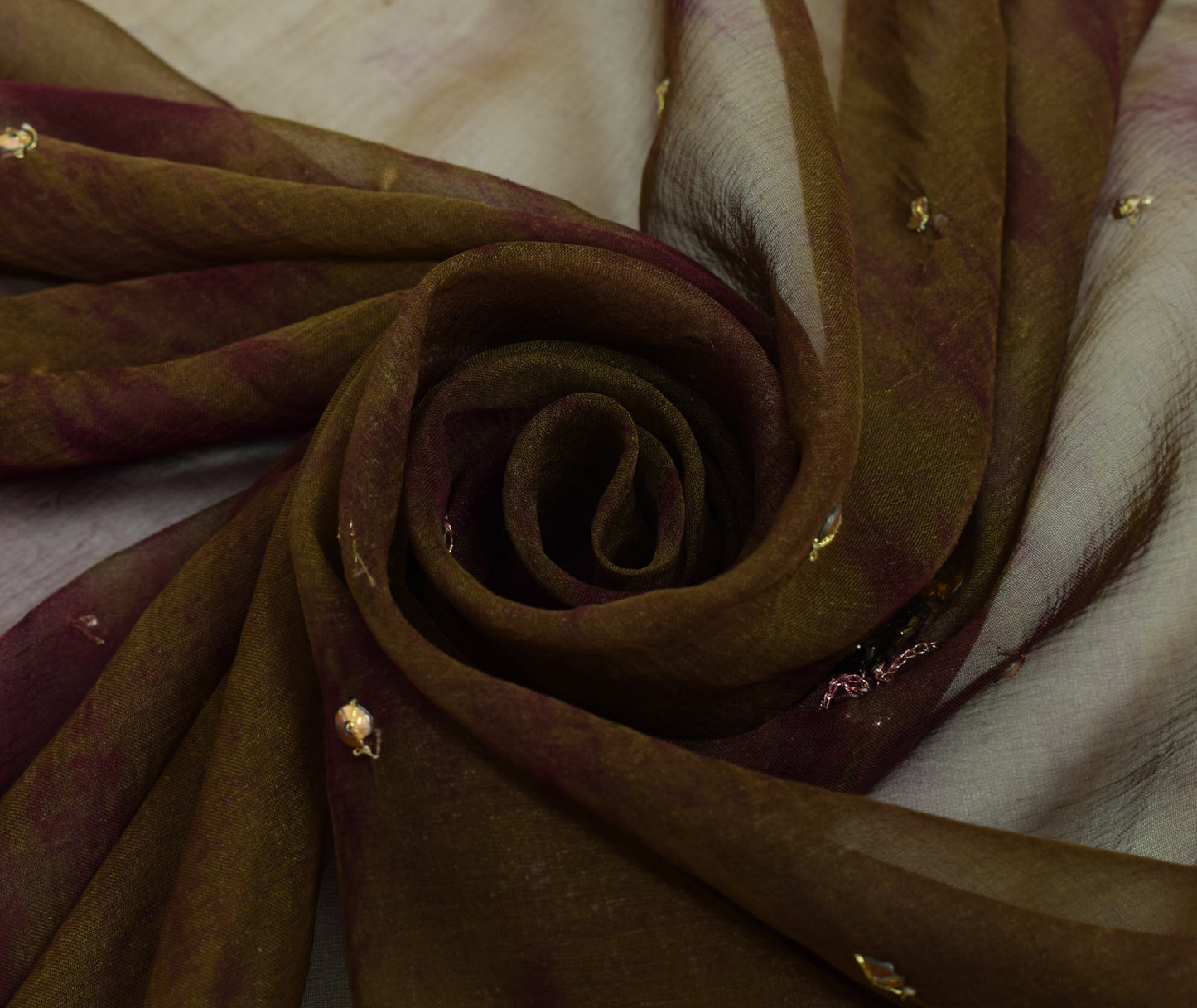 Sushila Vintage Green Tie-Dye Dupatta Chiffon Silk Hand Beaded Floral Long Stole