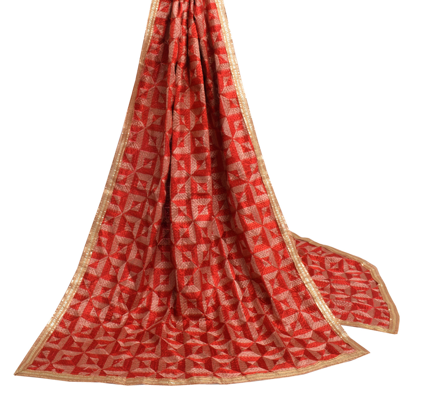 Sushila Vintage Red Dupatta  Blend Silk Phulkari Embroidered Long Stole Scarves