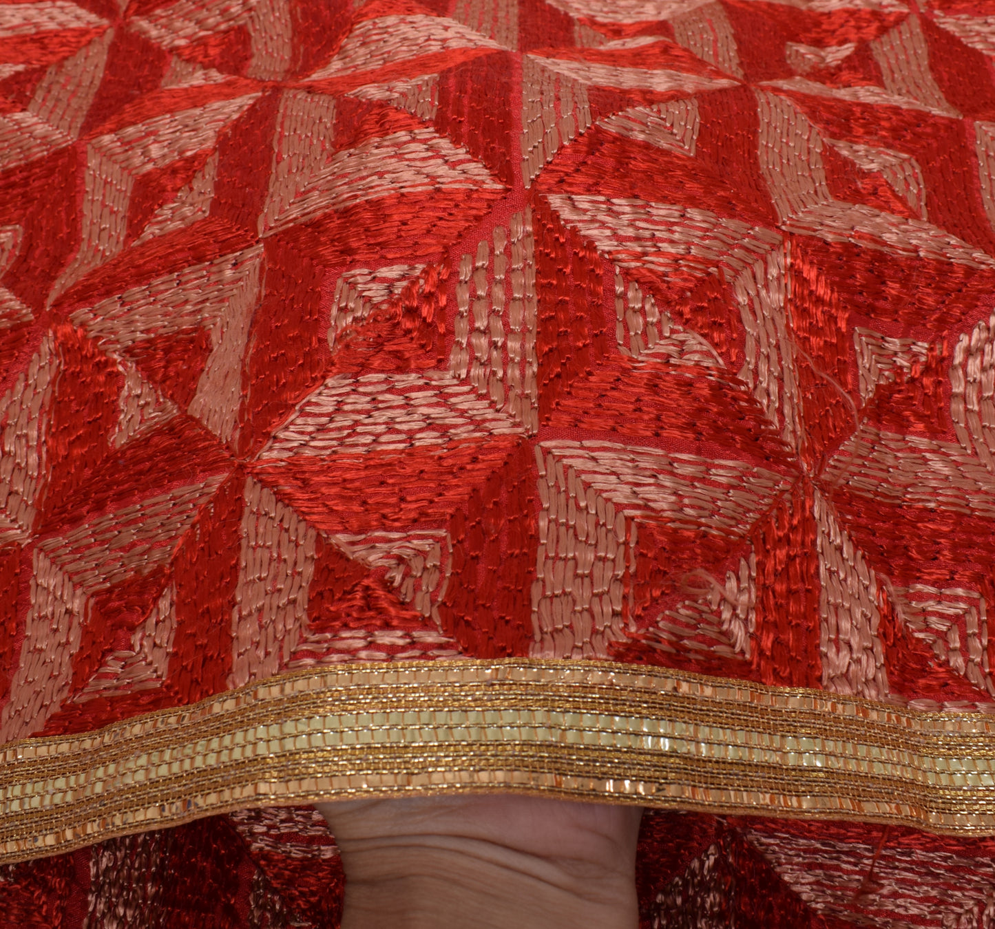 Sushila Vintage Red Dupatta  Blend Silk Phulkari Embroidered Long Stole Scarves