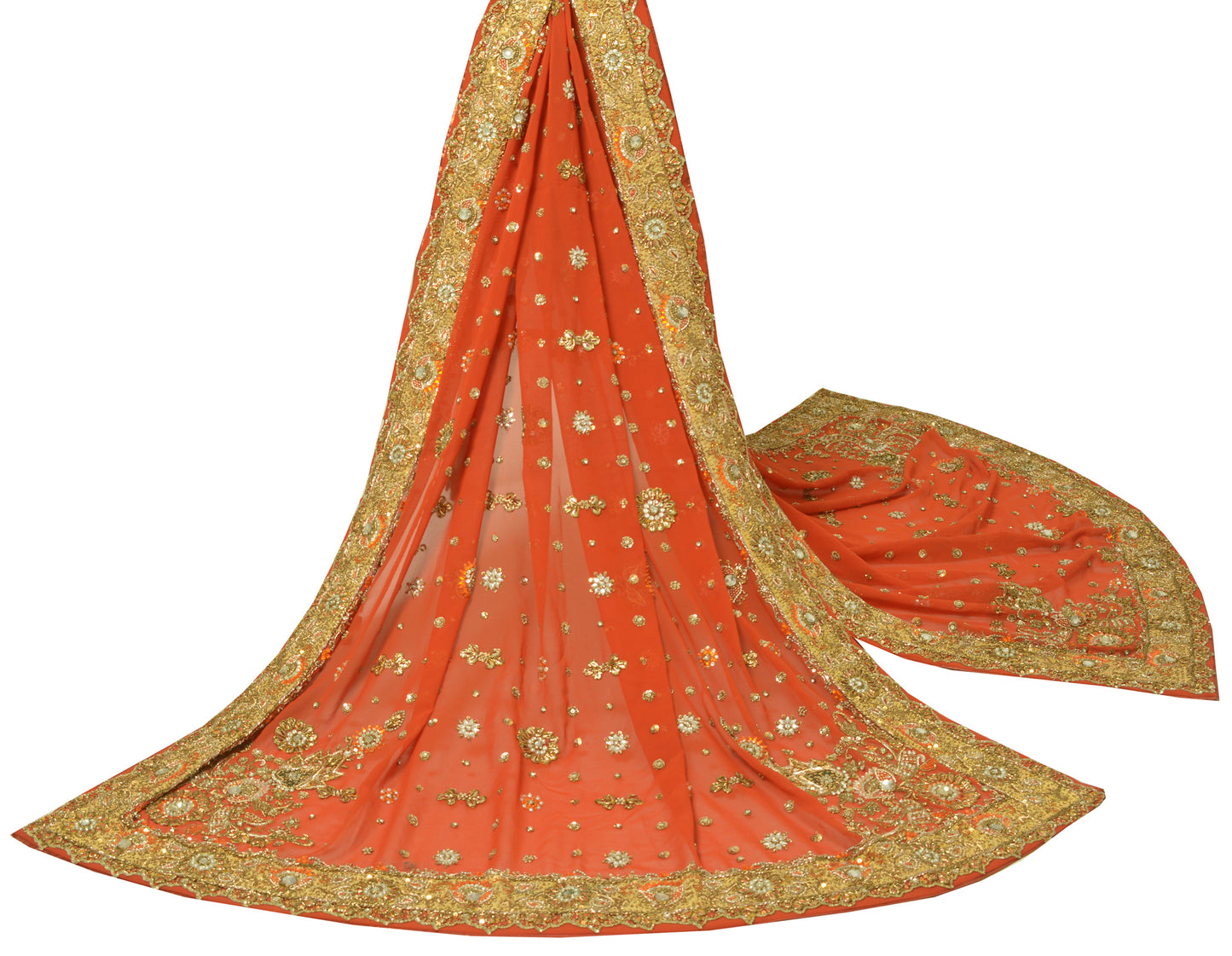 Sushila Vintage Heavy Orange Dupatta Georgette Hand Beaded Long Stole Scarves