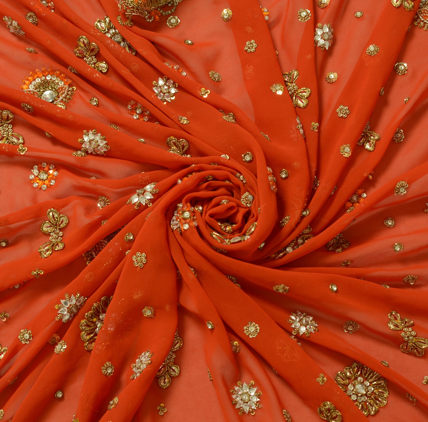 Sushila Vintage Heavy Orange Dupatta Georgette Hand Beaded Long Stole Scarves