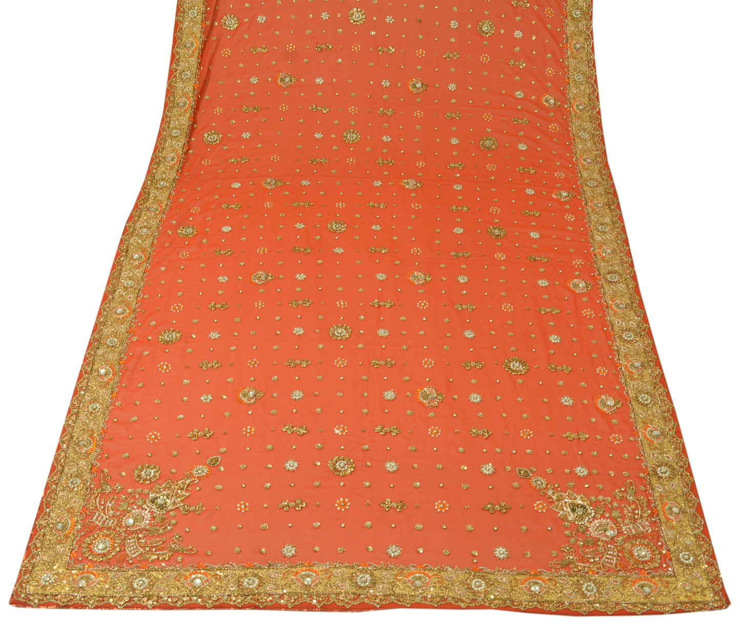 Sushila Vintage Heavy Orange Dupatta Georgette Hand Beaded Long Stole Scarves