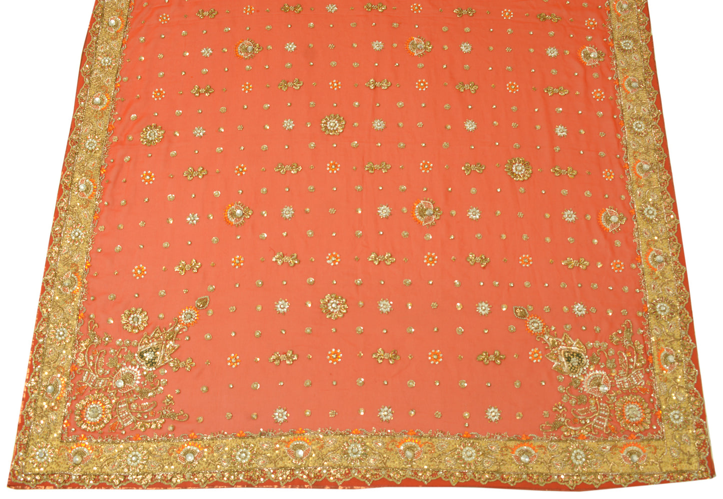 Sushila Vintage Heavy Orange Dupatta Georgette Hand Beaded Long Stole Scarves