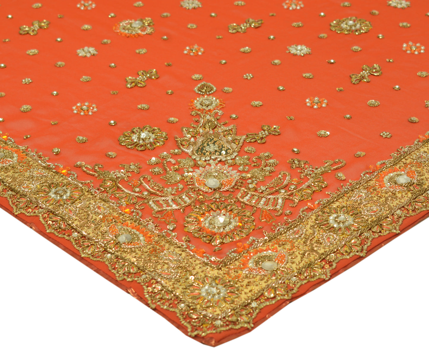 Sushila Vintage Heavy Orange Dupatta Georgette Hand Beaded Long Stole Scarves