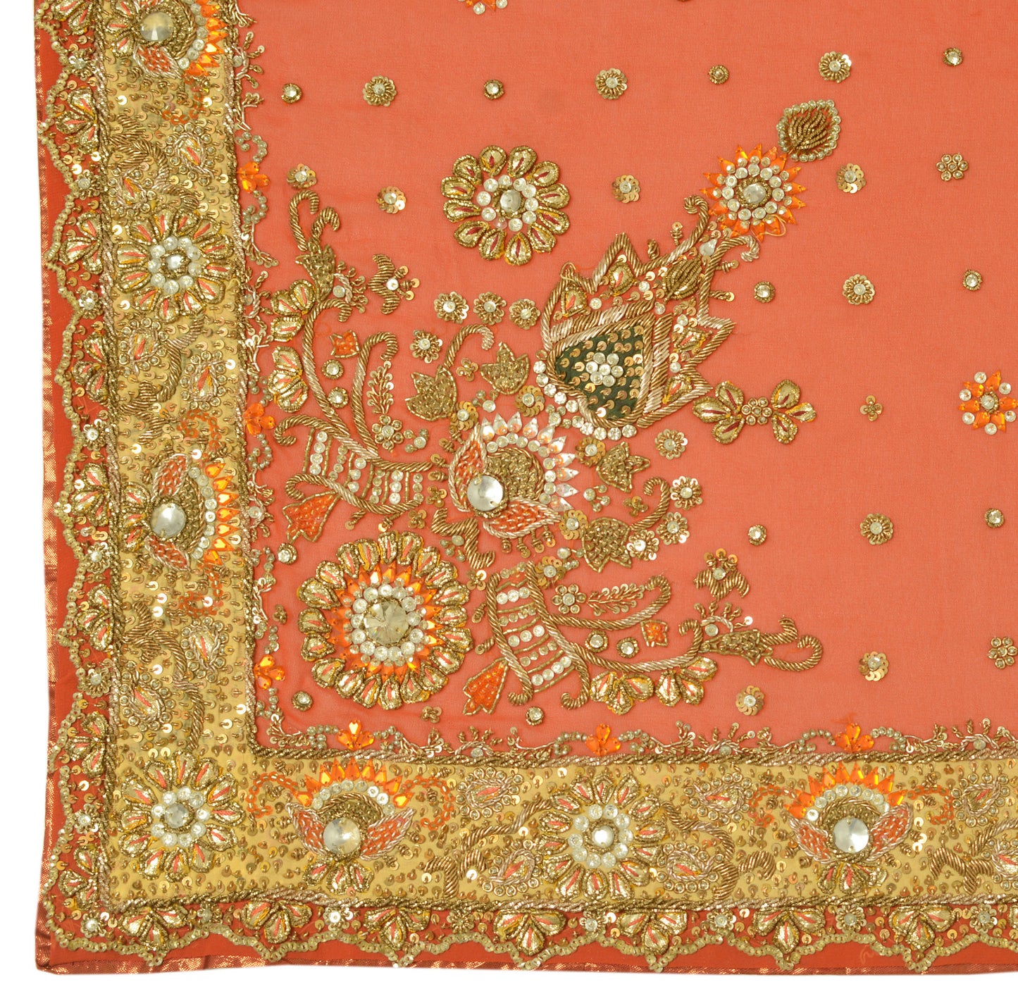 Sushila Vintage Heavy Orange Dupatta Georgette Hand Beaded Long Stole Scarves