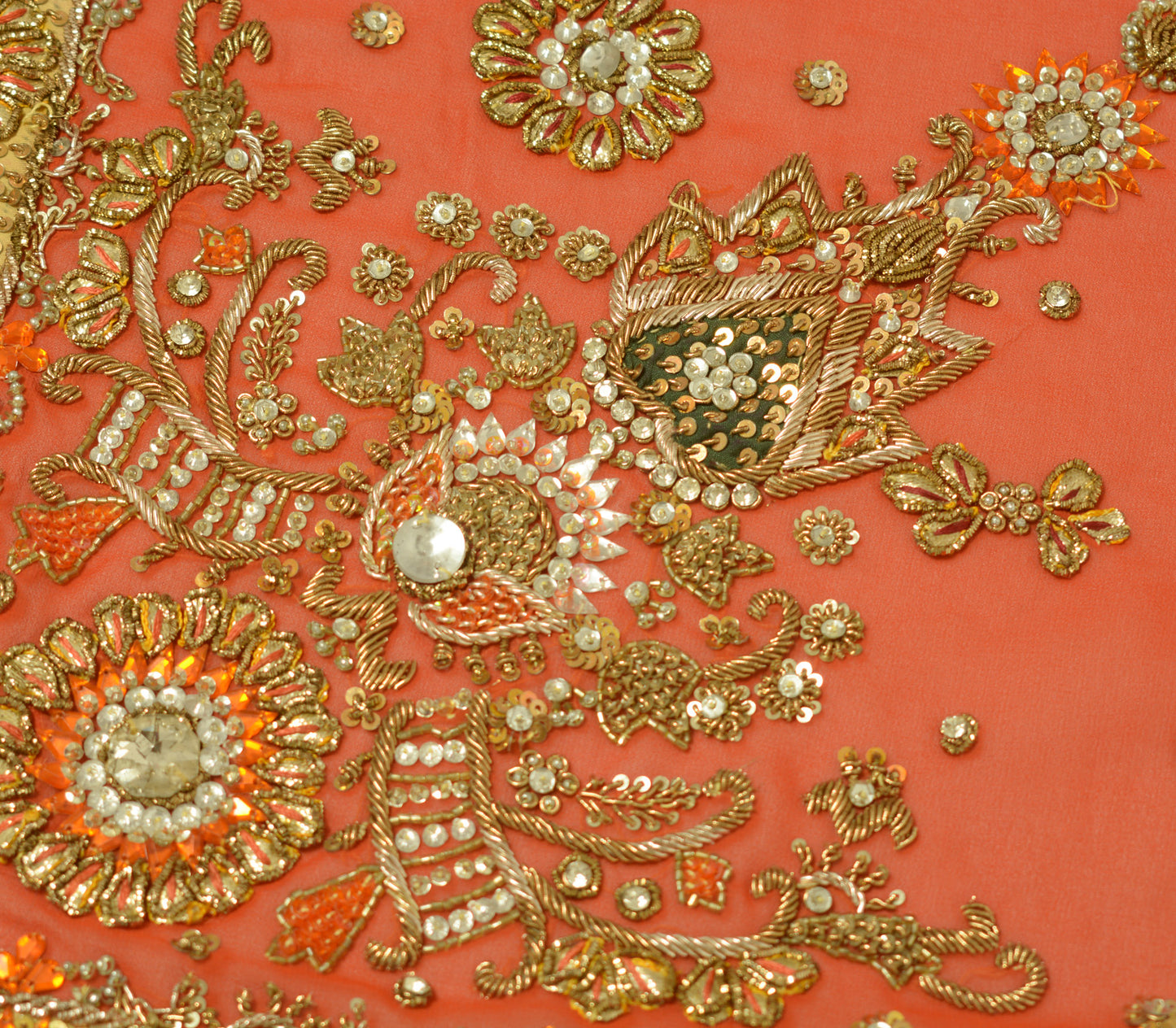 Sushila Vintage Heavy Orange Dupatta Georgette Hand Beaded Long Stole Scarves