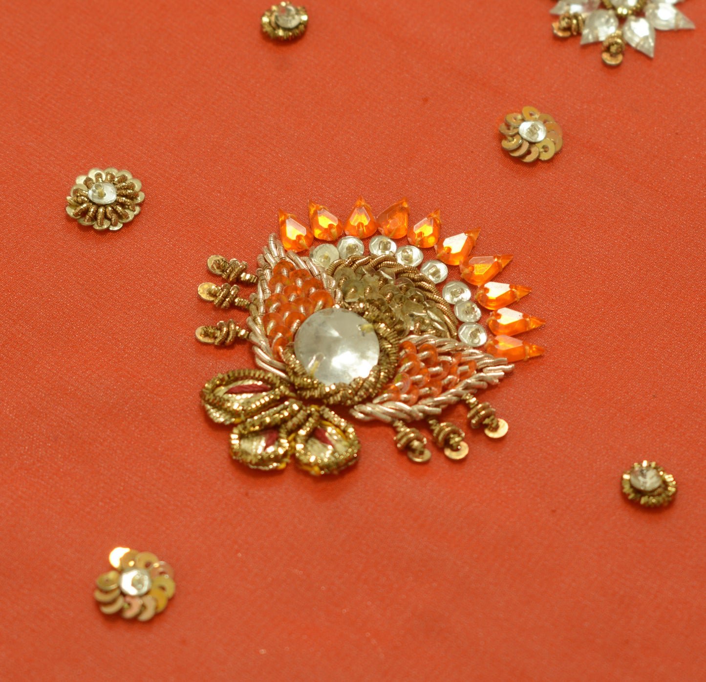 Sushila Vintage Heavy Orange Dupatta Georgette Hand Beaded Long Stole Scarves