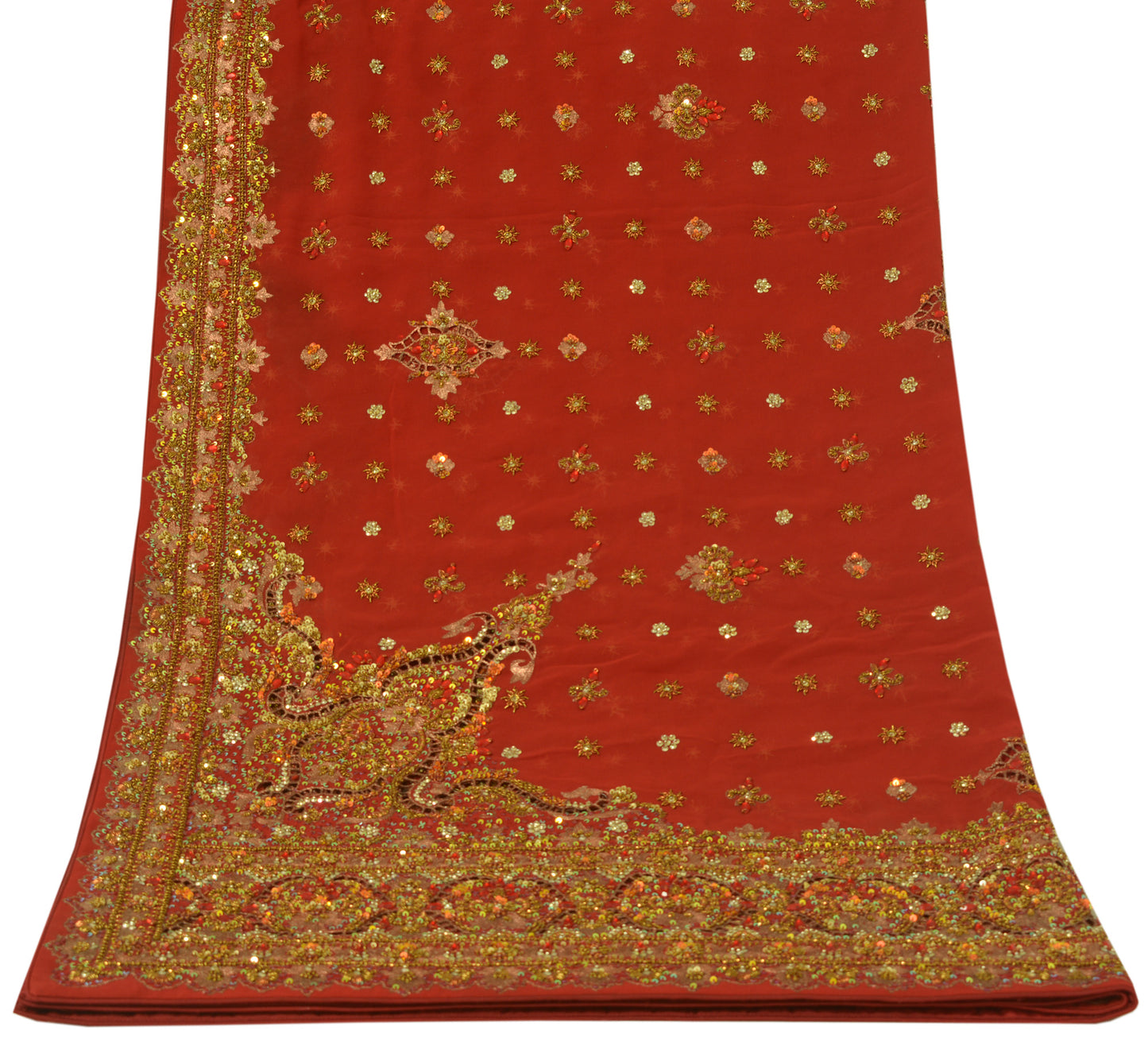 Sushila Vintage Dark Red Dupatta 100% Pure Georgette Silk Hand Beaded Long Stole