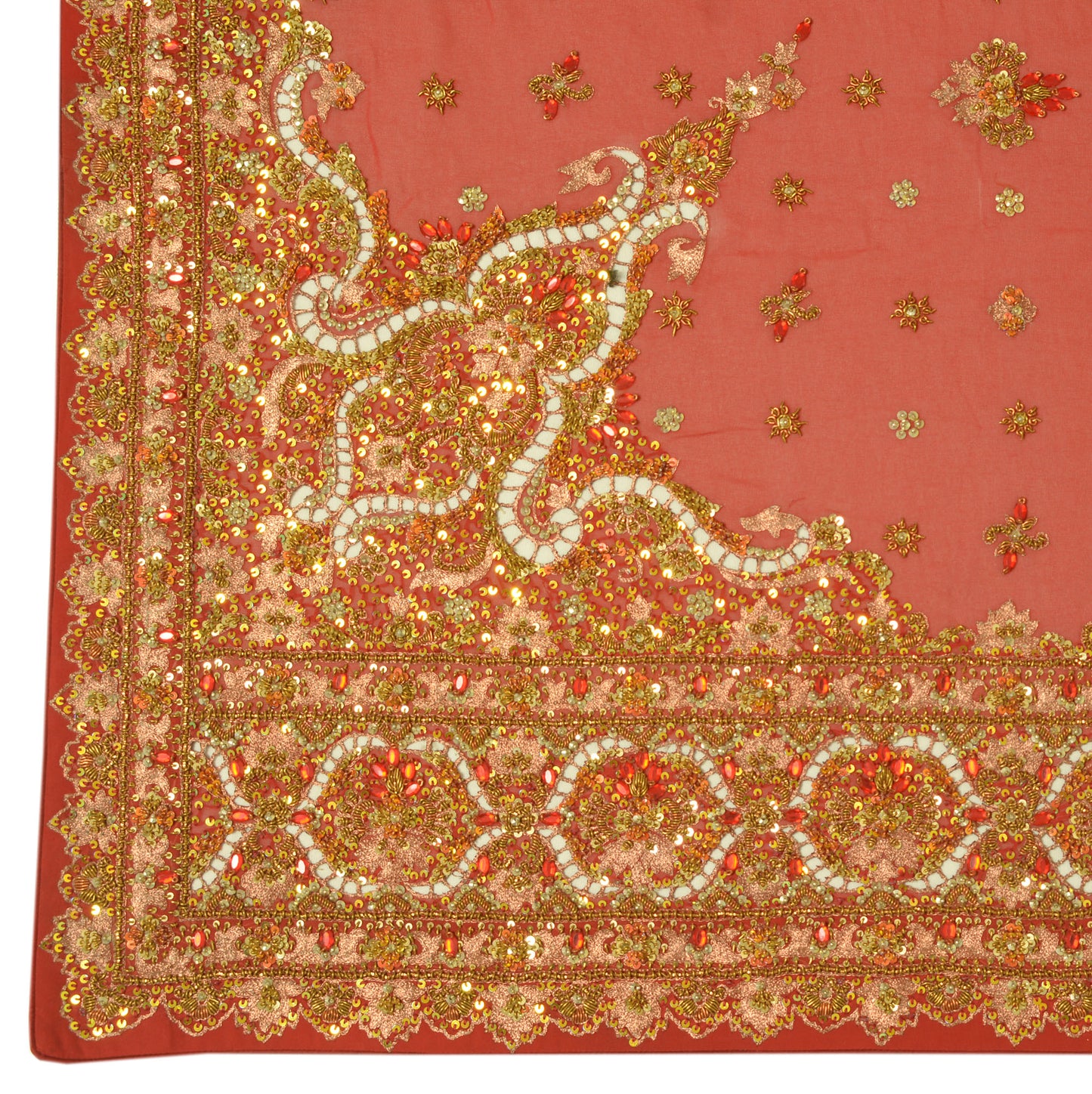 Sushila Vintage Dark Red Dupatta 100% Pure Georgette Silk Hand Beaded Long Stole