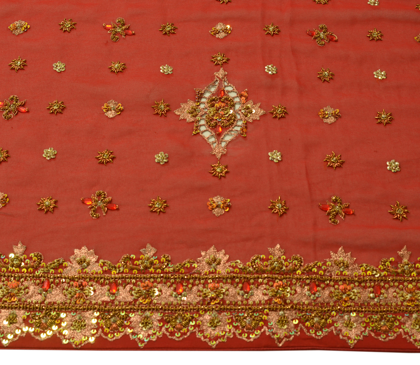 Sushila Vintage Dark Red Dupatta 100% Pure Georgette Silk Hand Beaded Long Stole