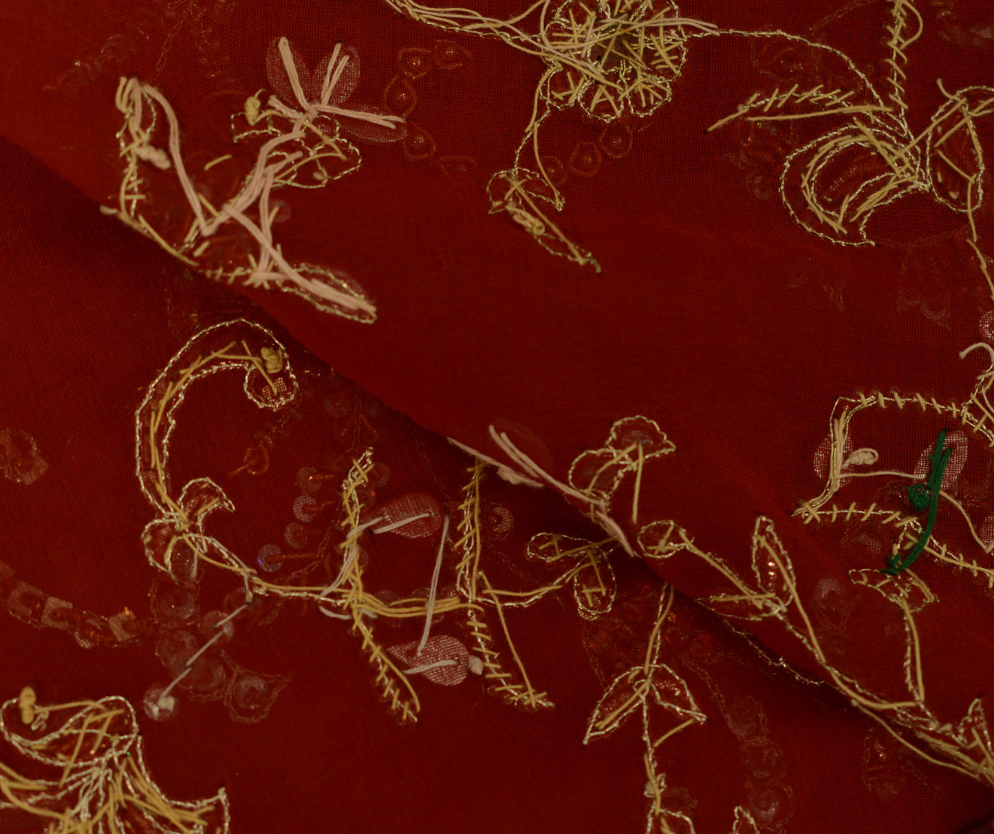 Sushila Vintage Dark Red Dupatta 100% Pure Georgette Silk Hand Beaded Long Stole