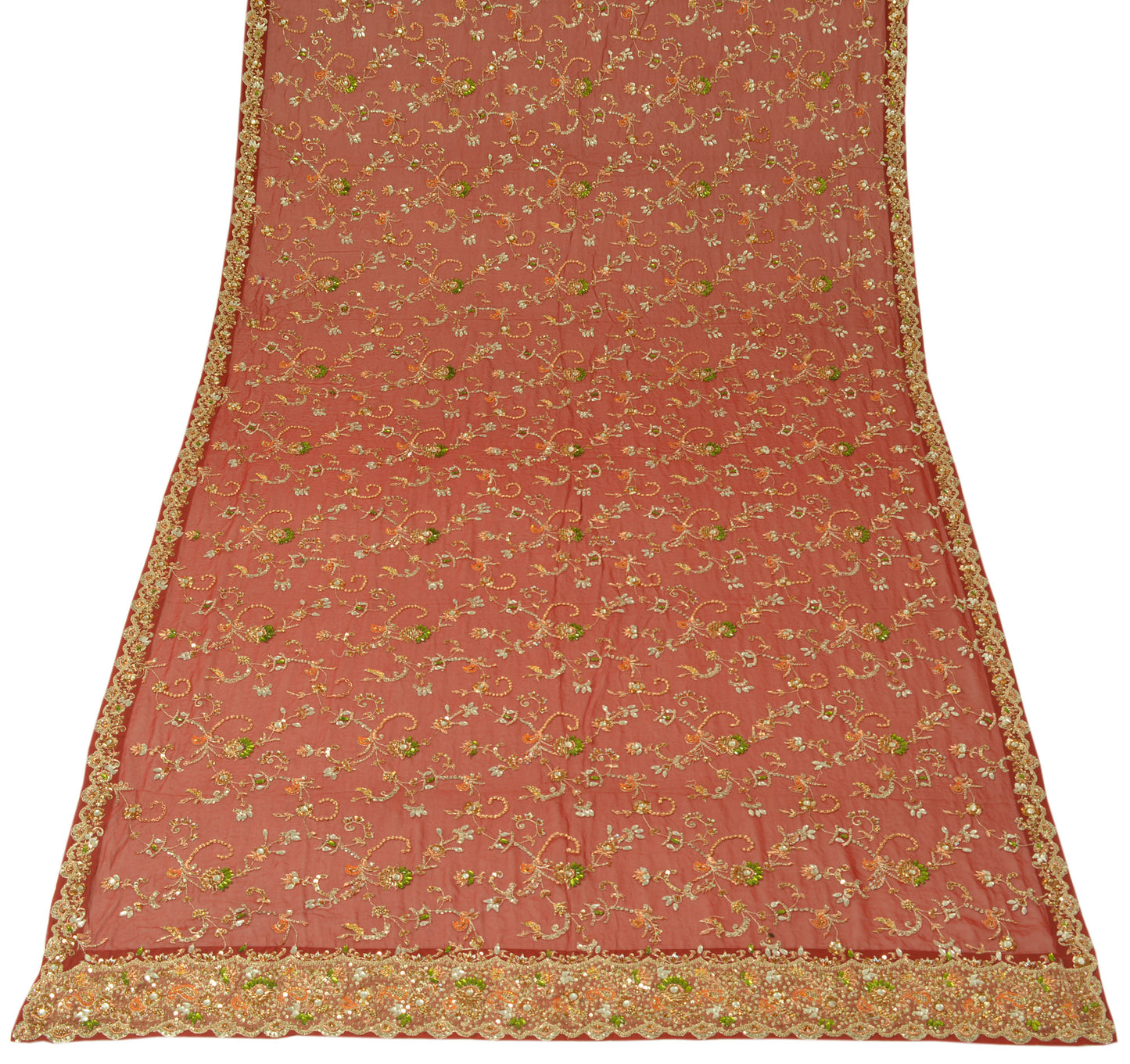 Sushila Vintage Dark Red Dupatta 100% Pure Georgette Silk Hand Beaded Long Stole