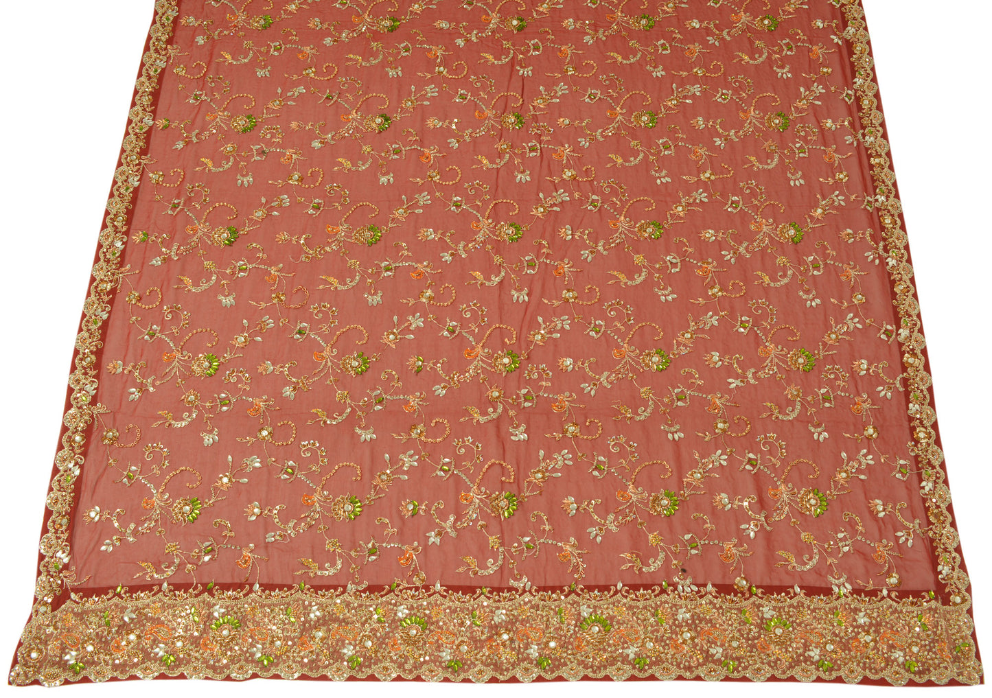 Sushila Vintage Dark Red Dupatta 100% Pure Georgette Silk Hand Beaded Long Stole