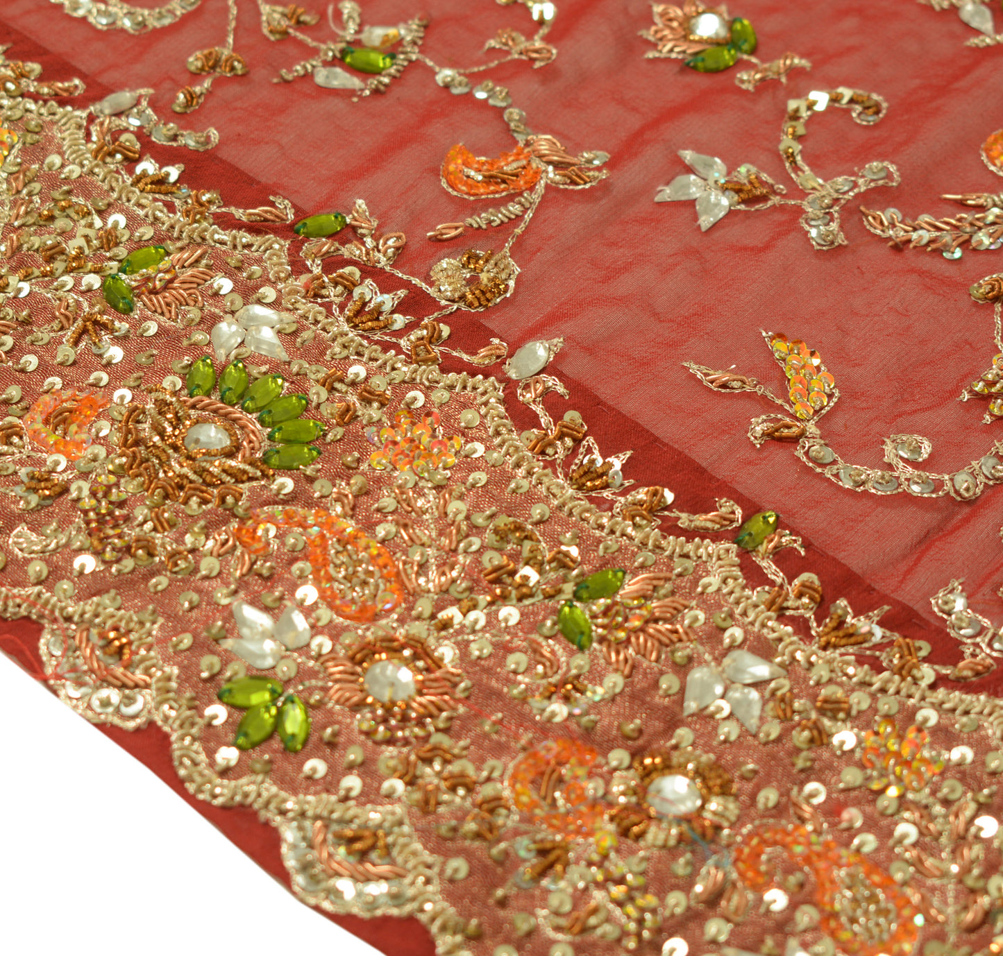 Sushila Vintage Dark Red Dupatta 100% Pure Georgette Silk Hand Beaded Long Stole