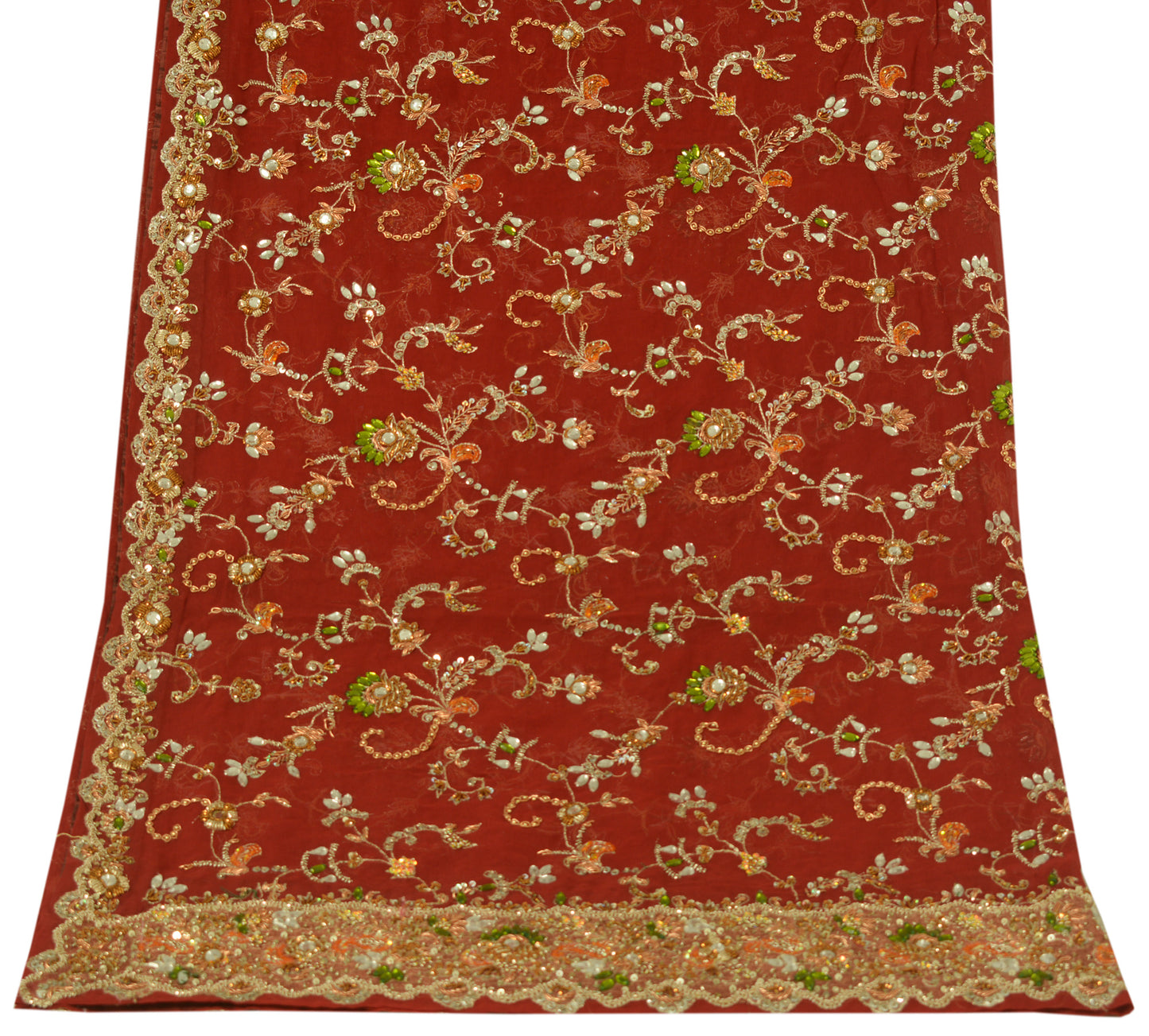 Sushila Vintage Dark Red Dupatta 100% Pure Georgette Silk Hand Beaded Long Stole