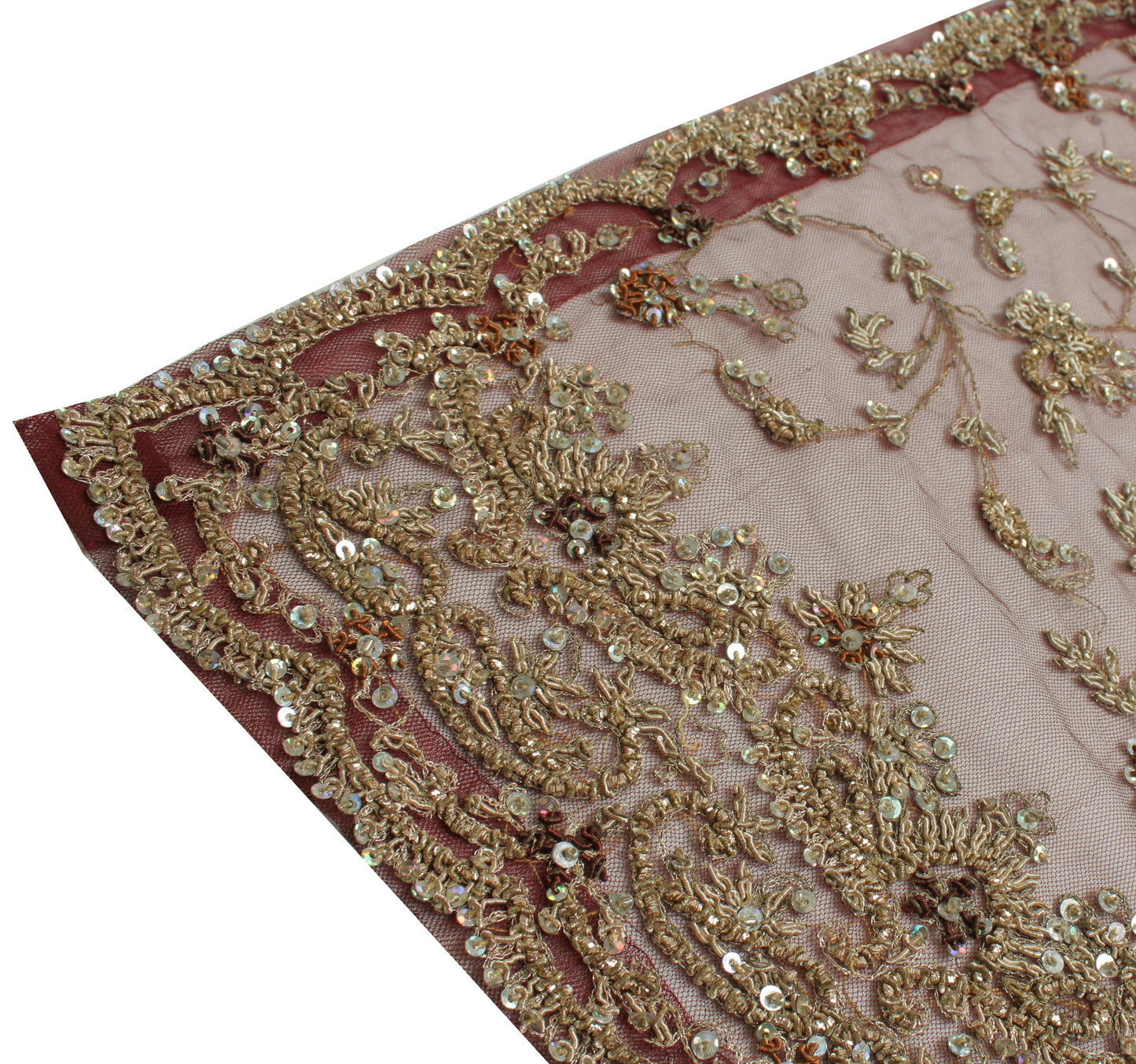 Sushila Vintage Burgundy Heavy Dupatta Net Mesh Hand Beaded Zardozi Long Stole